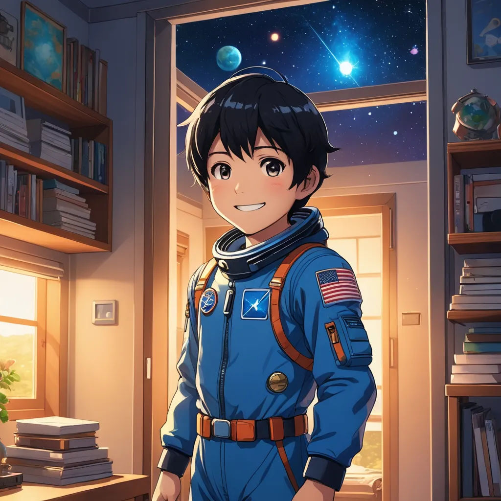 a boy in a space suit standing in a room with a window and a book shelf on the wall, space art, a hologram, Adam Manyoki, official art