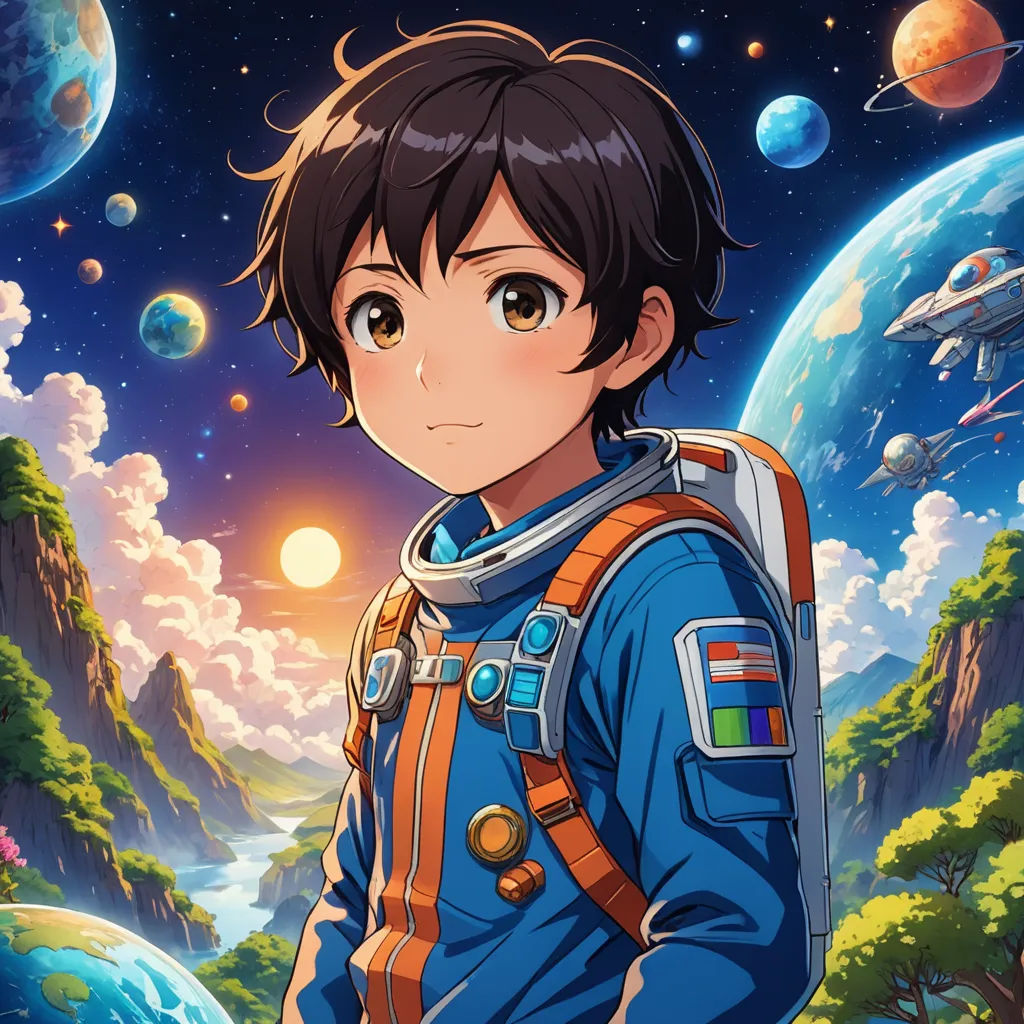 a boy in a space suit standing in front of a mountain and planets with a sky background and a star in the background, space art, a character portrait, Adam Manyoki, official art