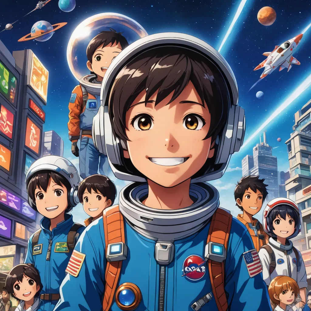 a boy in a space suit surrounded by other children in a city with a rocket ship in the background, space art, poster art, Ai-Mitsu, official art