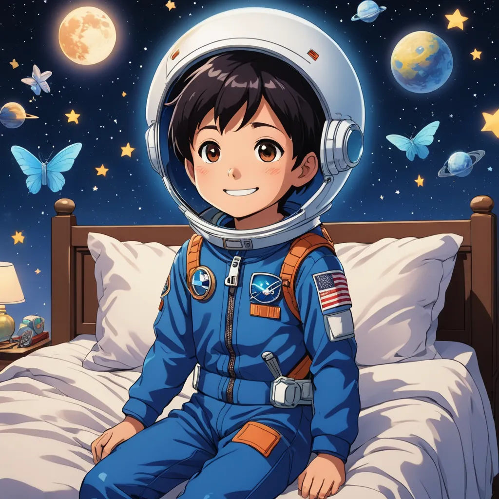 a boy in a space suit sitting on a bed with a butterfly in the background and a butterfly in the sky, space art, an album cover, Adam Manyoki, official art
