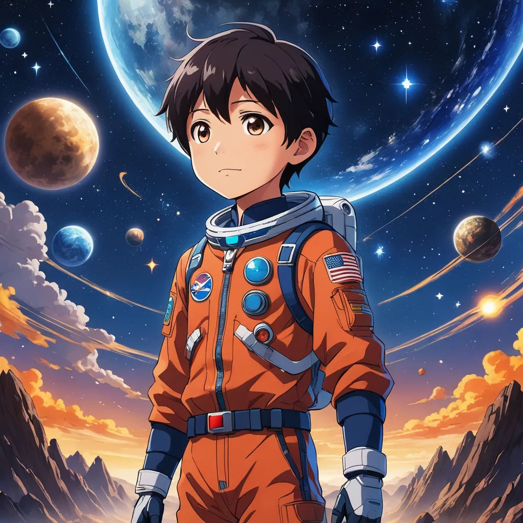 a man in an orange space suit standing in front of a planet with mountains and stars in the background, space art, poster art, Aguri Uchida, anime key visual