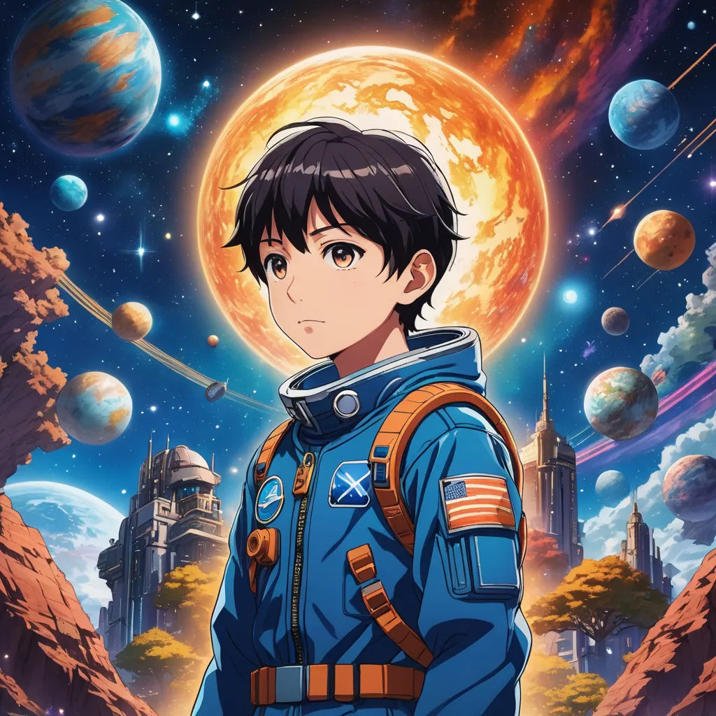 a man in a space suit standing in front of a planet with a rocket in the background and a rocket ship in the background, space art, poster art, Ai-Mitsu, anime key visual