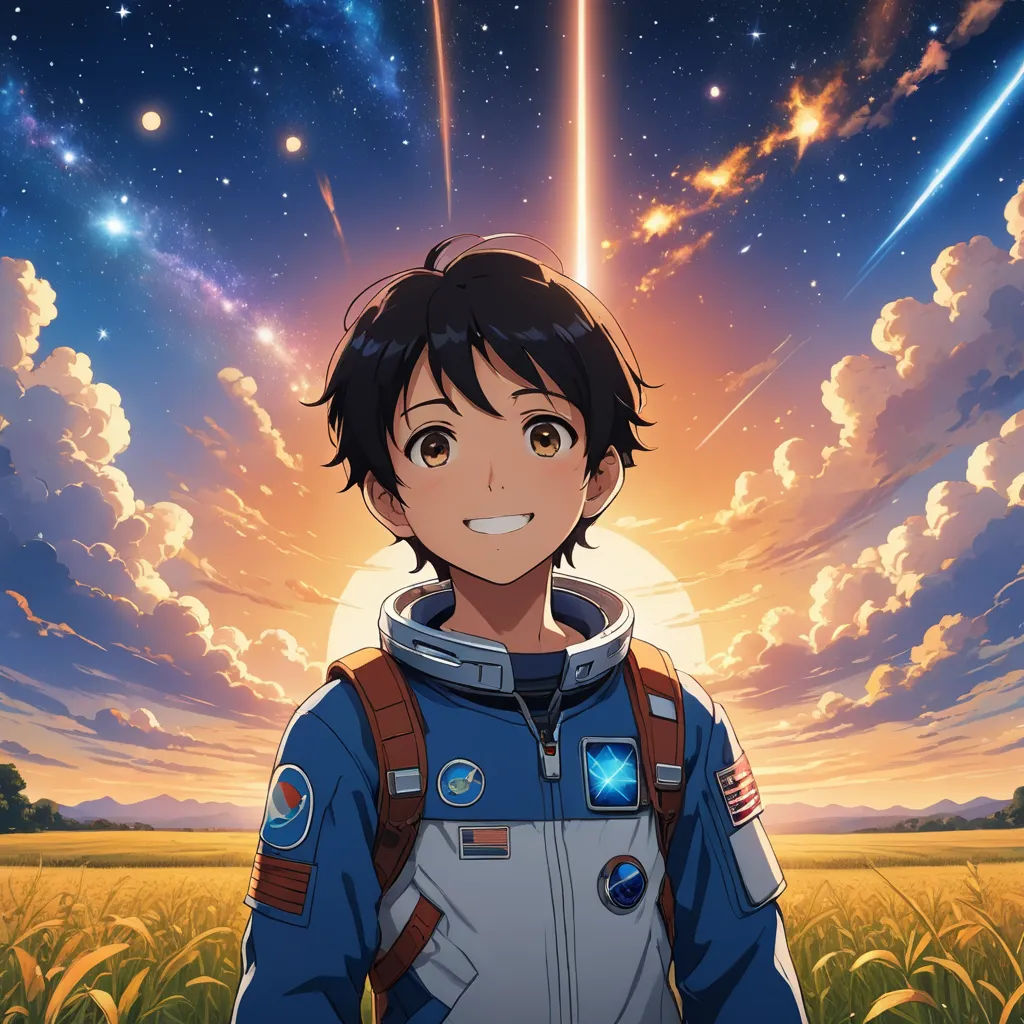 a man in a space suit standing in a field with a sky background and stars above him, with a rocket in the sky, space art, poster art, Felix-Kelly, anime key visual
