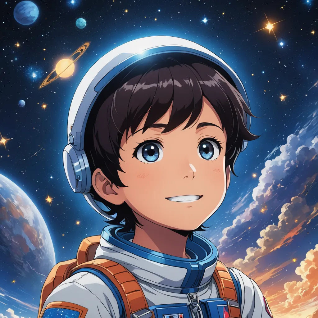 a boy in a space suit with headphones on looking at the sky with planets in the background and a distant star in the sky, space art, poster art, Ai-Mitsu, yukito kishiro
