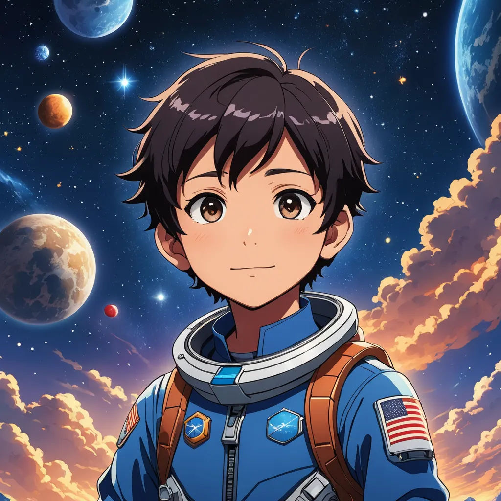 a young man in a space suit standing in front of a planet with a sky background and stars and clouds, space art, poster art, Adam Manyoki, anime key visual
