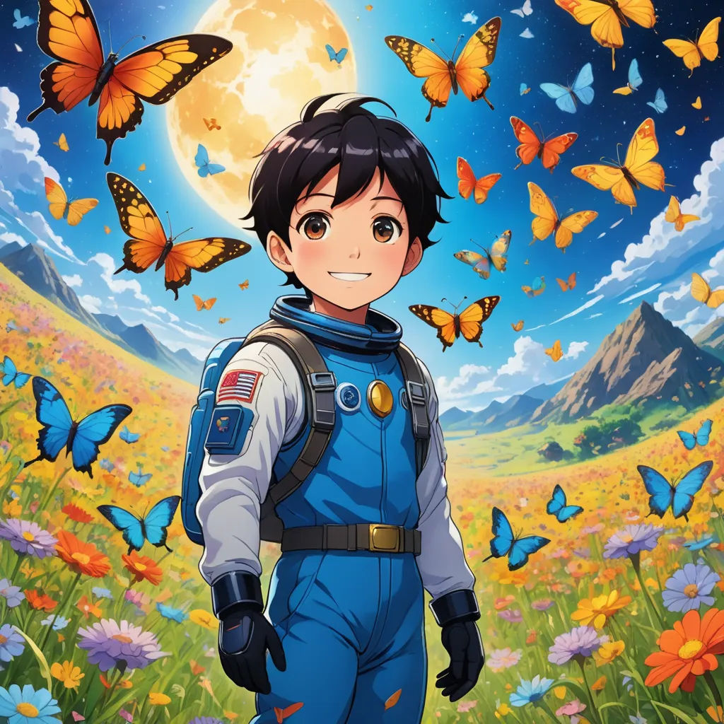 a boy in a space suit standing in a field of butterflies with a full moon in the background and a full moon in the sky, space art, poster art, Adam Manyoki, anime key visual