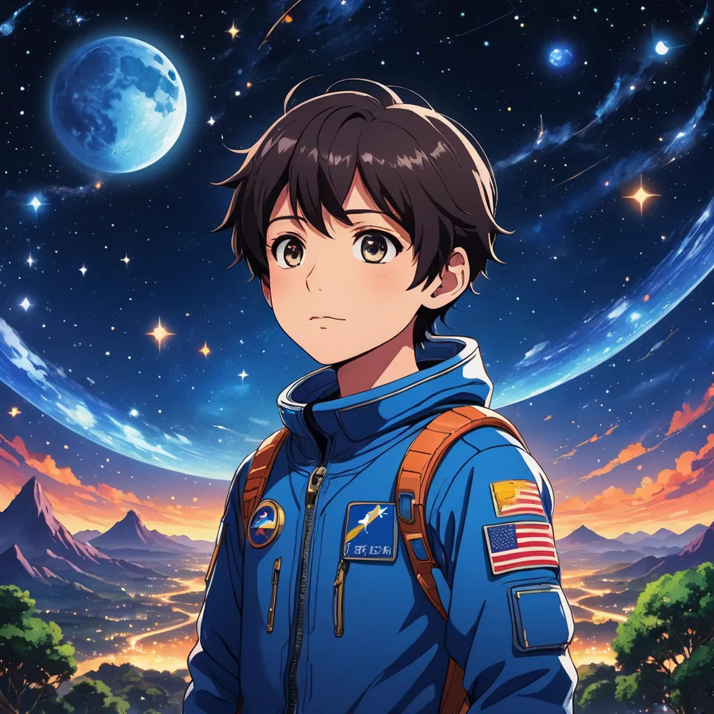 a man in a blue space suit standing in front of a planet with stars and a moon in the background, space art, poster art, Adam Manyoki, anime key visual