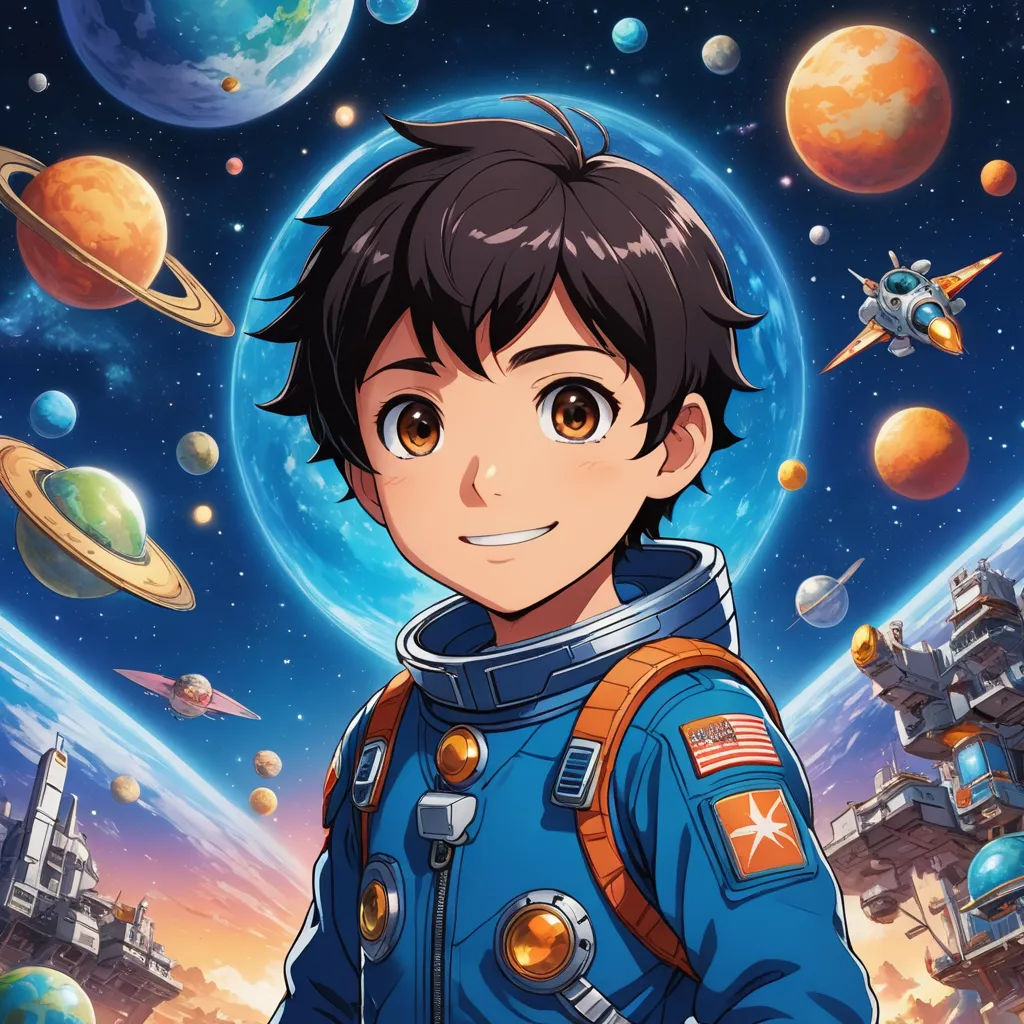 a boy in a space suit standing in front of a planet with a rocket in the background and a space station in the background, space art, poster art, Adam Manyoki, anime key visual