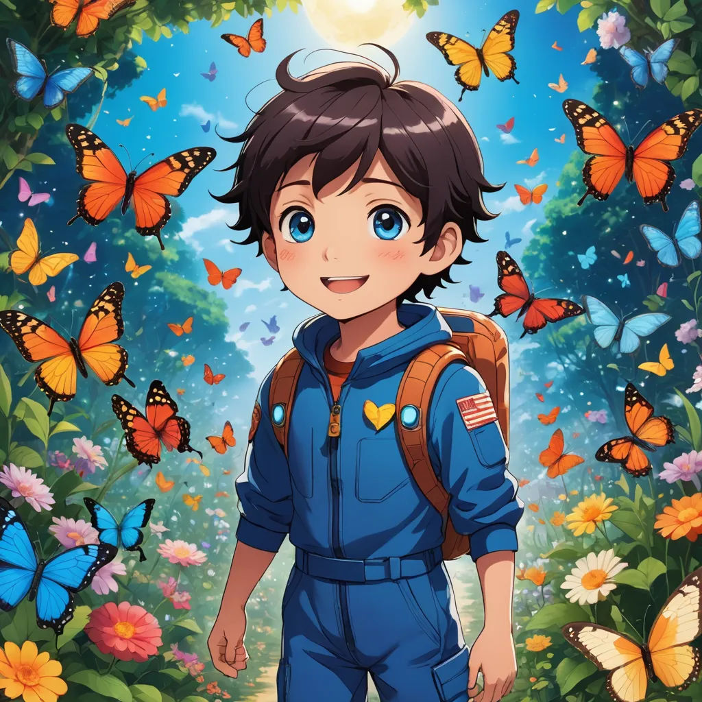 a boy in a blue jumpsuit standing in a field of butterflies and flowers with a butterfly background and a boy in a blue jumpsuit, space art, an album cover, Adam Manyoki, official art