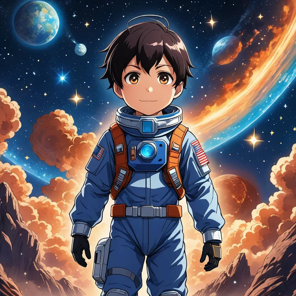 a boy in a space suit standing in front of a planet with stars and clouds in the background and a red and blue sky, space art, poster art, Adam Manyoki, anime key visual