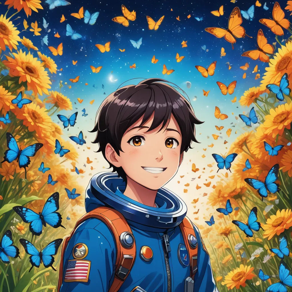 a boy in a space suit standing in a field of butterflies and flowers with a smile on his face, space art, a character portrait, Adam Manyoki, official art