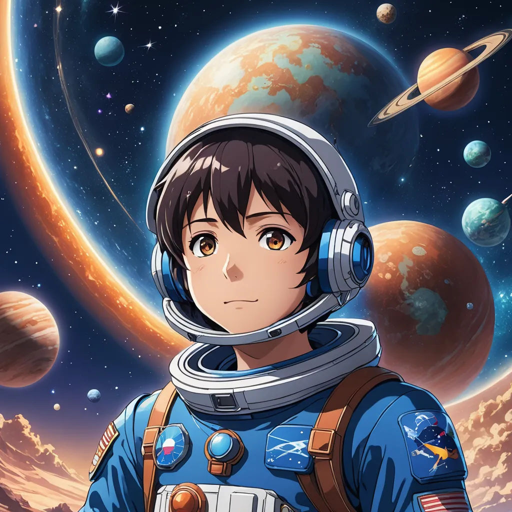 a man in a space suit standing in front of planets and a planet with a face on it's head, space art, poster art, Eizan Kikukawa, anime key visual