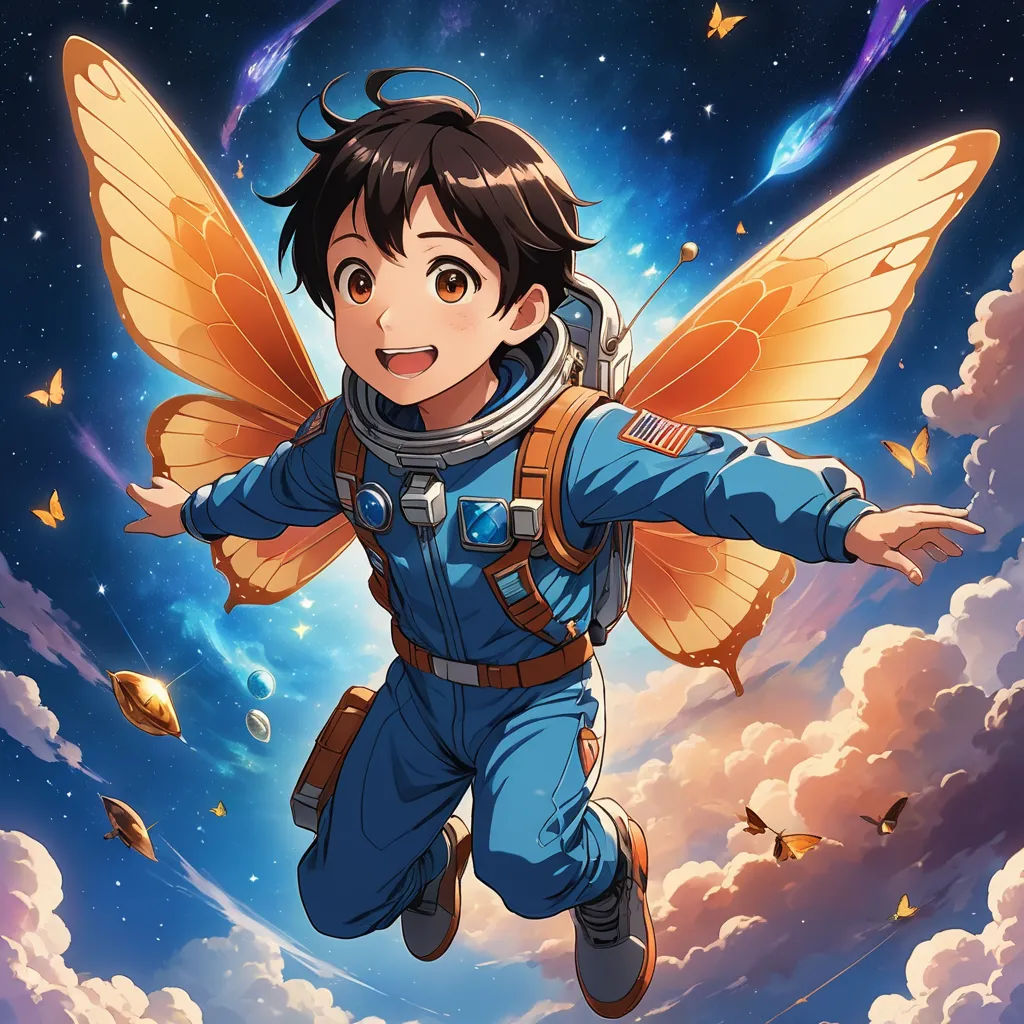 a cartoon character flying through the air with a butterfly on his back and a sky background with clouds and stars, space art, an album cover, Adam Manyoki, official art