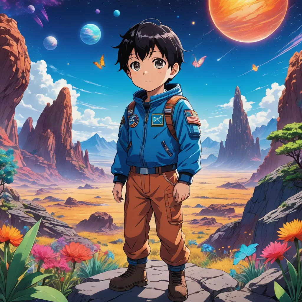 a boy in a blue jacket standing in front of a landscape with planets and stars in the sky and a red flower in the foreground, space art, poster art, Adam Rex, anime key visual