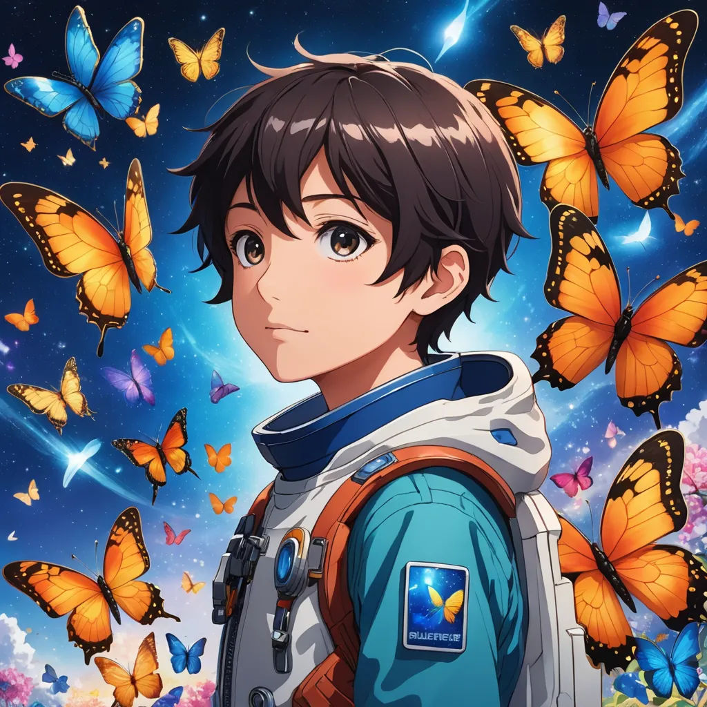 a boy with a backpack and butterflies around him in the background of a blue sky with stars and a bunch of butterflies, space art, poster art, Ai-Mitsu, anime key visual