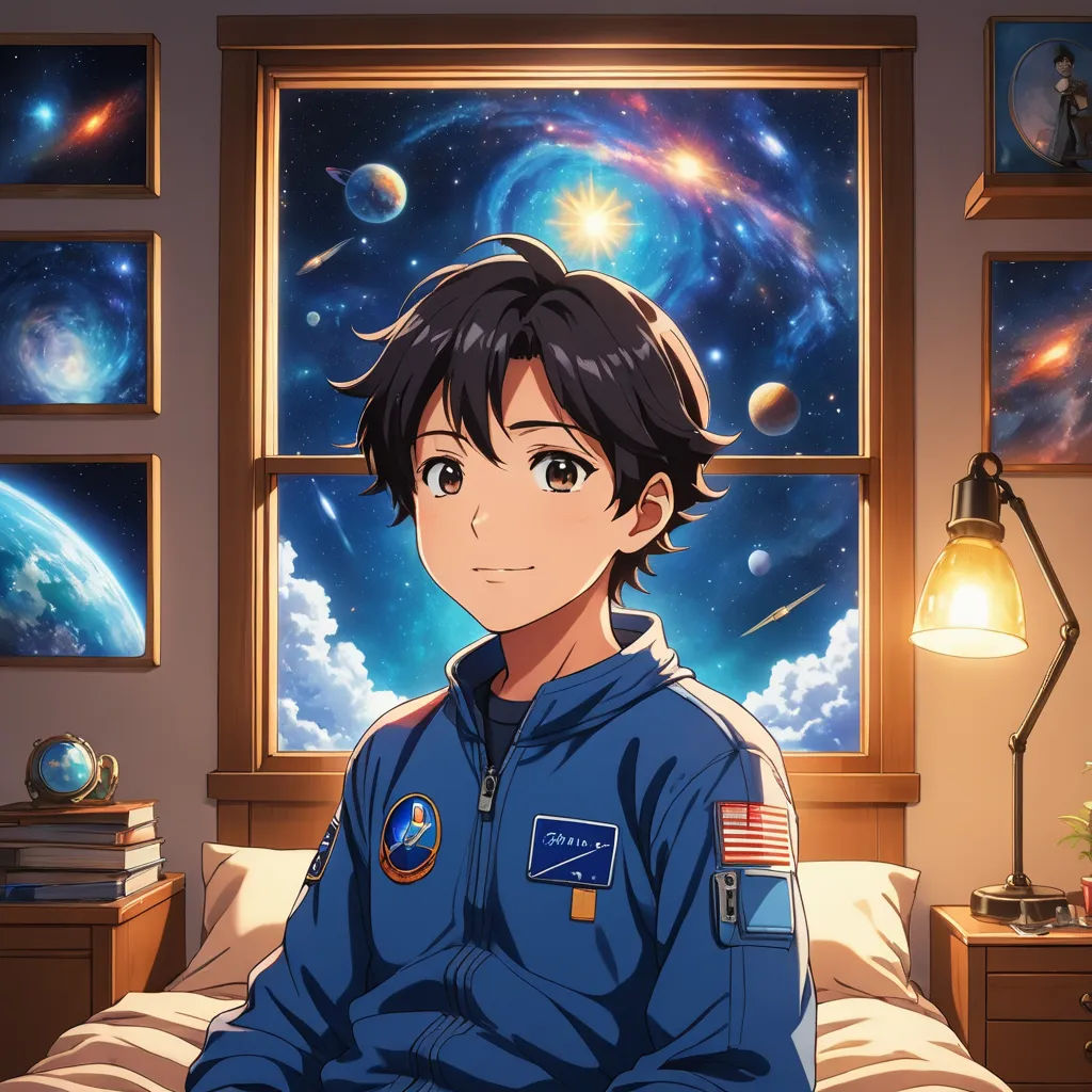 a boy in a space suit sitting on a bed in front of a window with planets and stars on it, space art, poster art, Aguri Uchida, official art