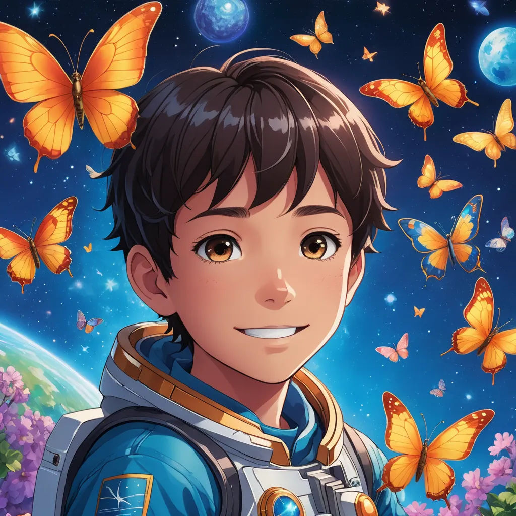 a boy in a space suit surrounded by butterflies and butterflies on a blue background with a blue sky and stars, space art, a character portrait, Adam Manyoki, key art