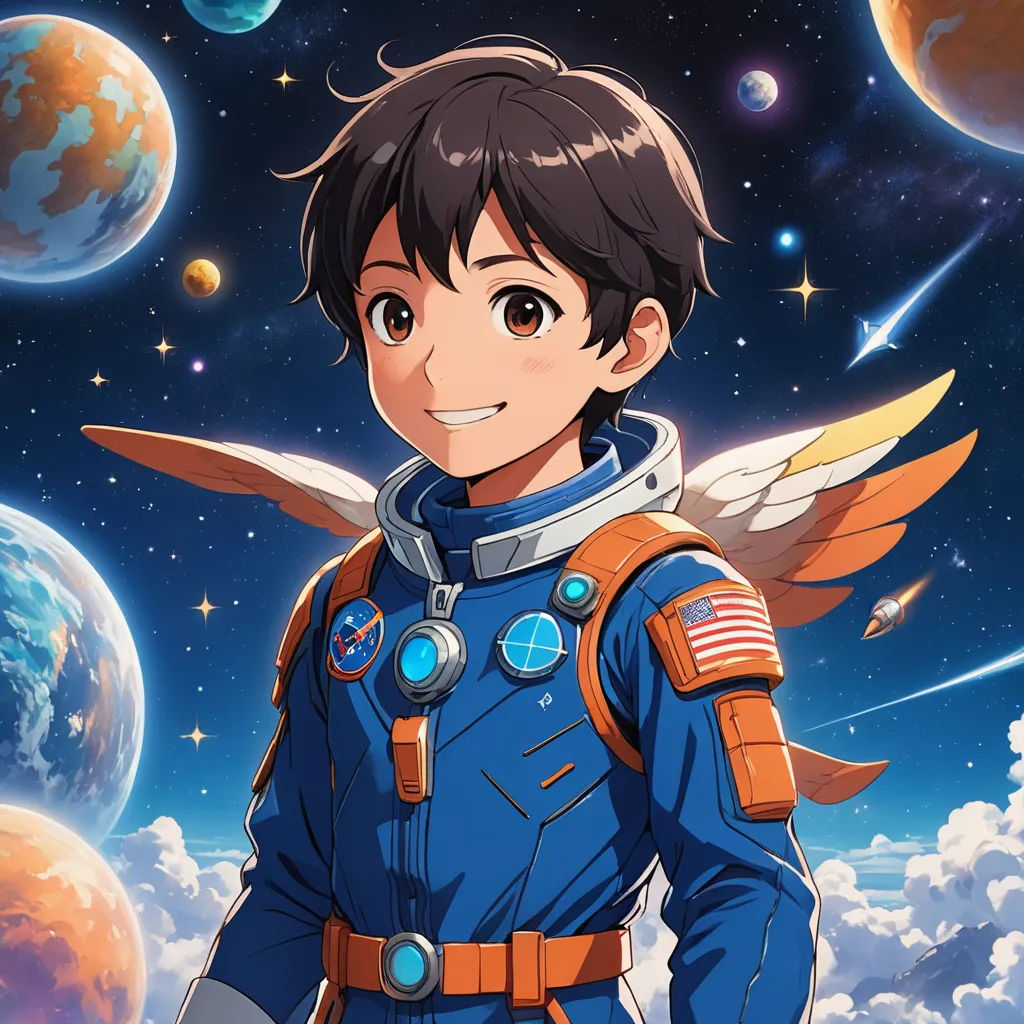 a boy in a space suit with wings and a space background with planets and stars in the sky and a blue sky with stars, space art, a character portrait, Adam Manyoki, official art
