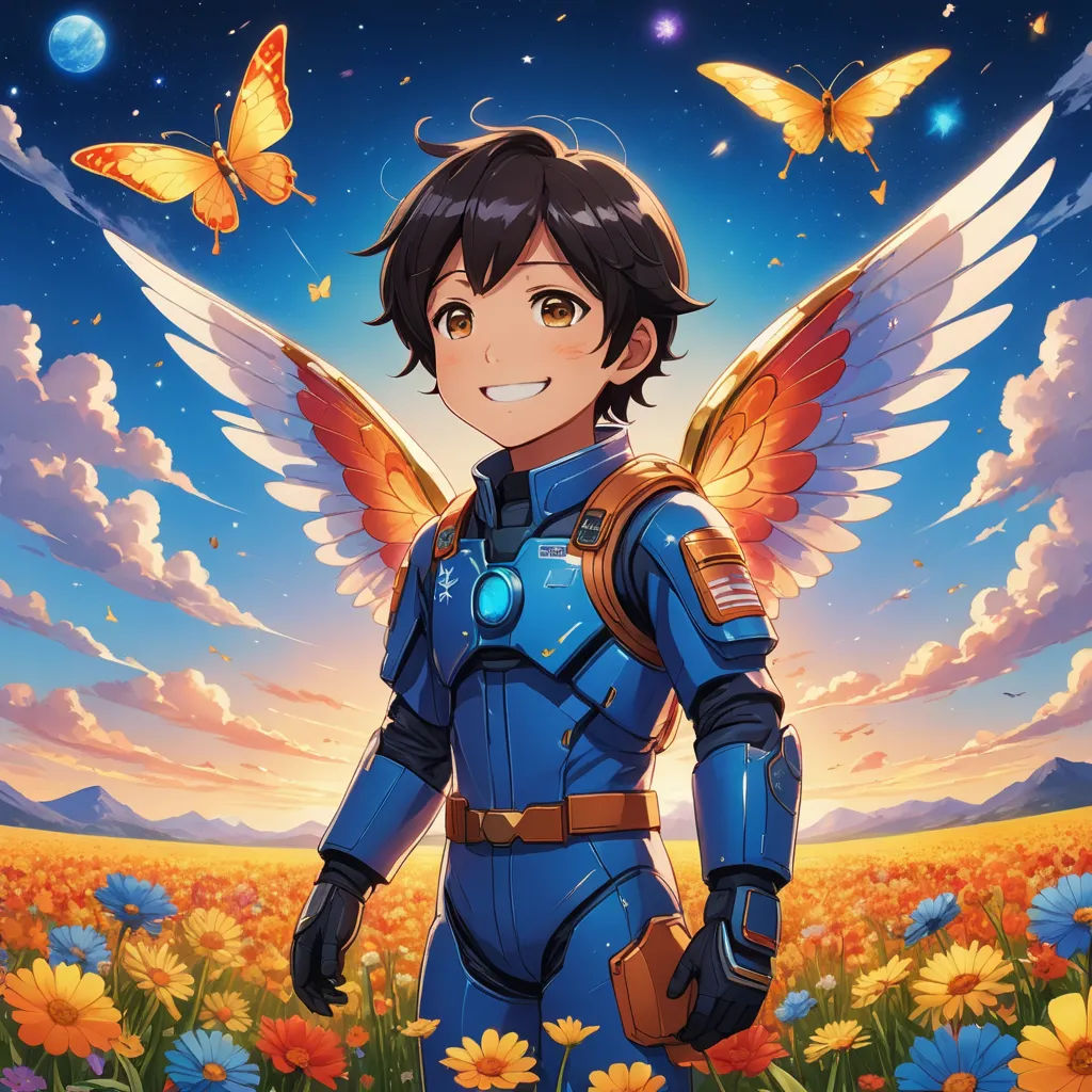 a man in a blue suit standing in a field of flowers with a butterfly flying above him and a butterfly in the sky, space art, an album cover, Adam Manyoki, official art
