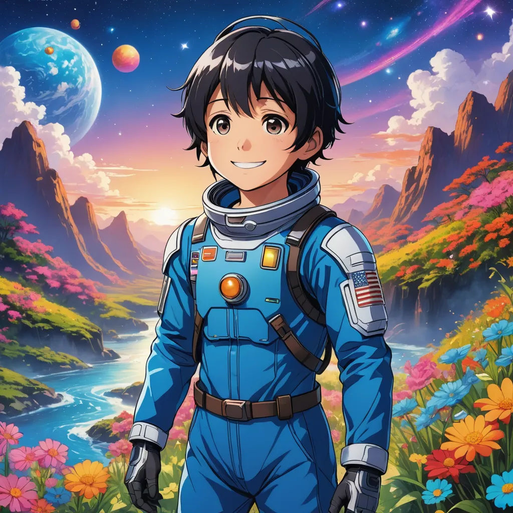 a man in a space suit standing in front of a mountain and river with flowers in the foreground, space art, concept art, Adam Manyoki, official art