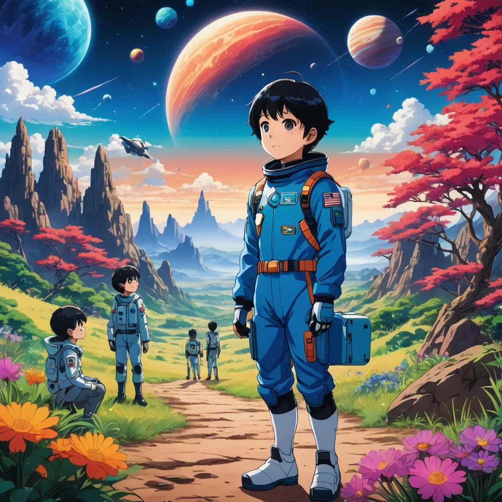 a man in a space suit standing in front of a mountain landscape with a group of people in the background, space art, poster art, Ai-Mitsu, anime key visual