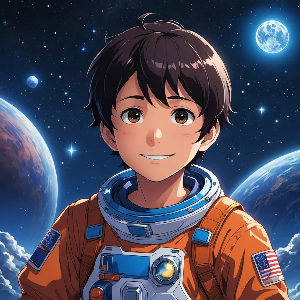 a boy in an orange space suit standing in front of a planet with a moon in the background and a blue sky with stars, space art, a character portrait, Adam Manyoki, yukito kishiro