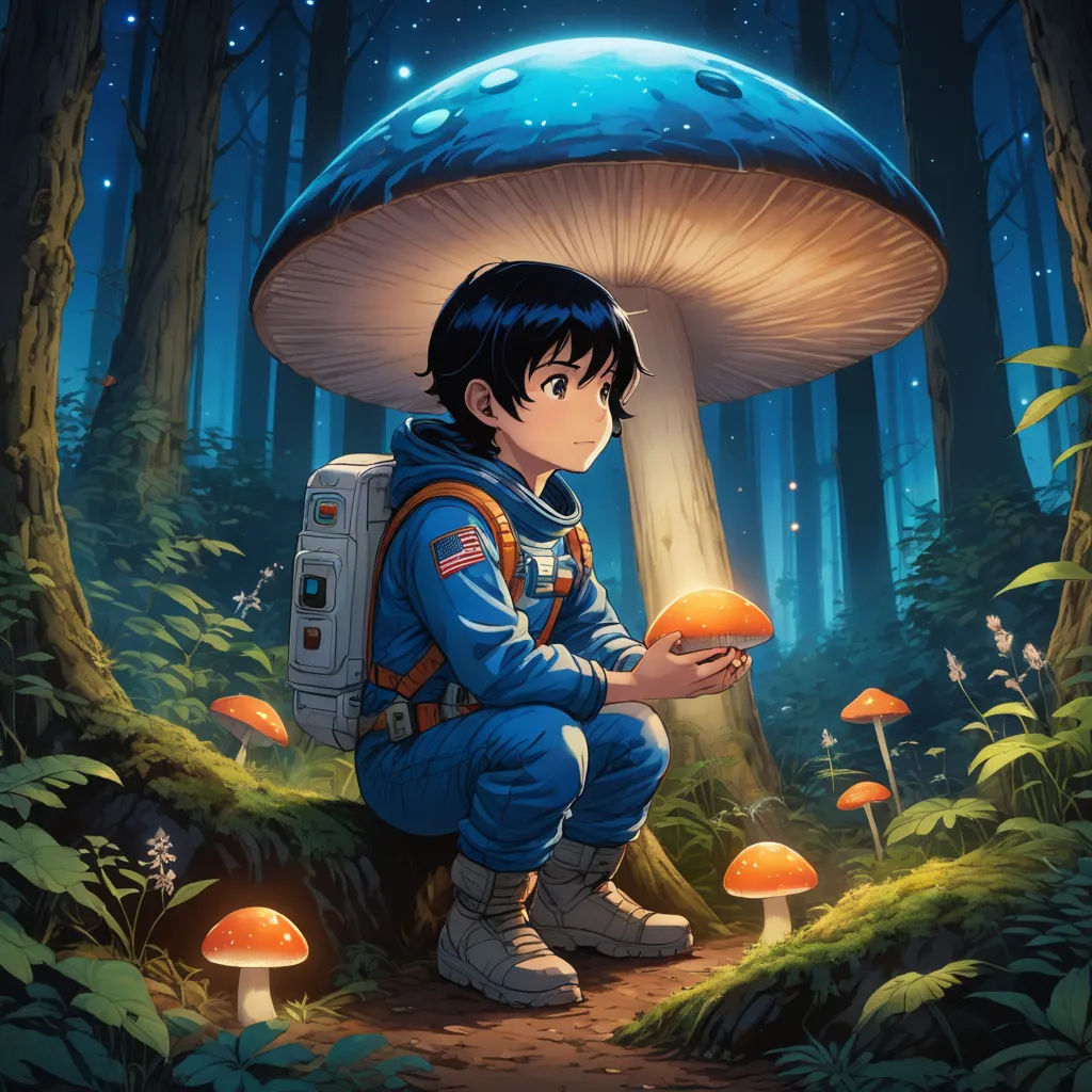 a boy sitting on a mushroom in the forest with a mushroom in his hand and a glowing mushroom in the background, space art, a storybook illustration, Aaron Jasinski, yukito kishiro