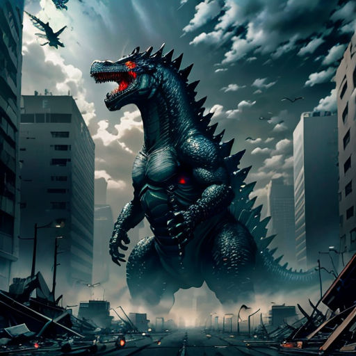 a godzilla is standing in the middle of a city with a plane flying overhead in the sky above it