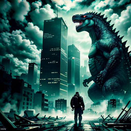 a man standing in front of a godzilla in a city with a sky background and clouds above him, with a man standing in front of a godzilla