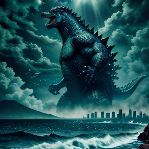 a godzilla is standing on a rock in the ocean with a city in the background at night time with a full moon