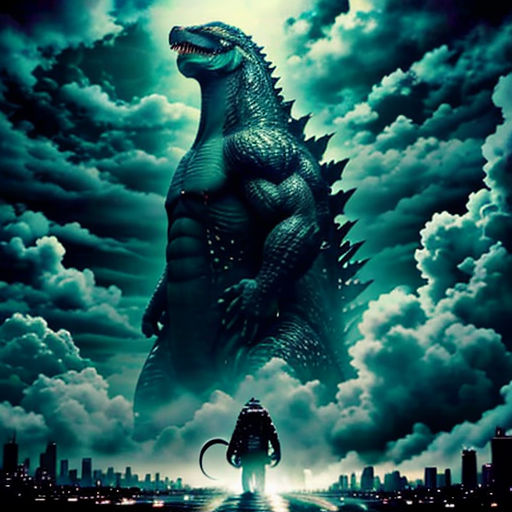 a godzilla standing in front of a city at night with a full moon in the background and a man standing in front of it