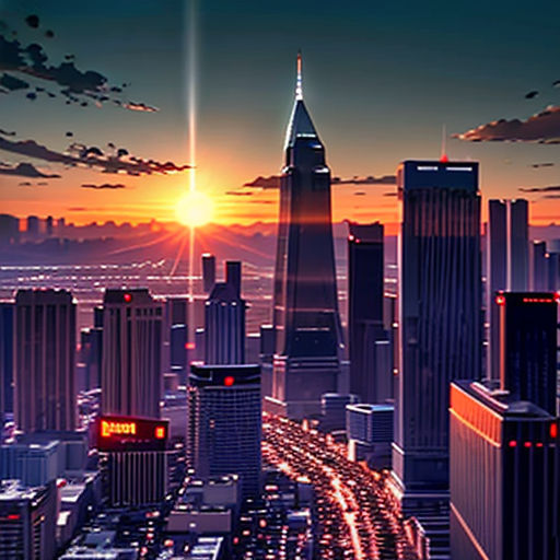 a city skyline with a sunset in the background and a bright light shining on the buildings and the sky