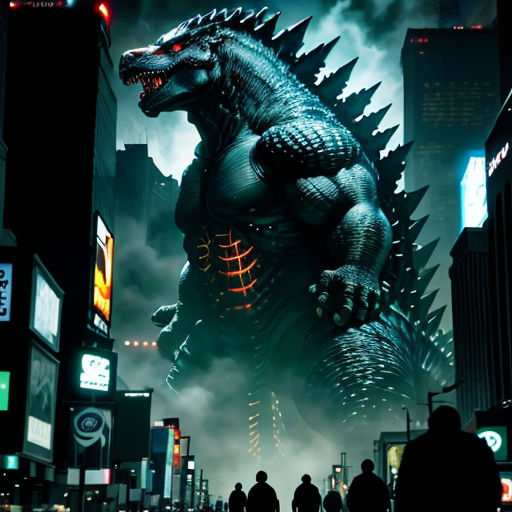 a godzilla is standing in the middle of a city at night with people walking around it and a lot of lights