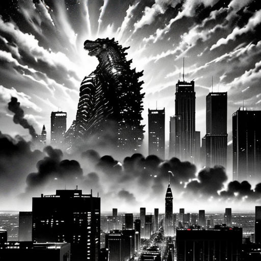 godzilla in the sky over a city at night with clouds and lightnings in the background, with a black and white photo of godzilla