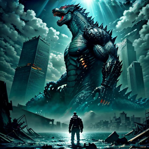 a movie poster for godzilla the movie starring godzilla and a man standing in front of a city with tall buildings