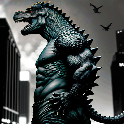 a godzilla statue stands in front of a city skyline with birds flying overhead in the background, in a black and white photo