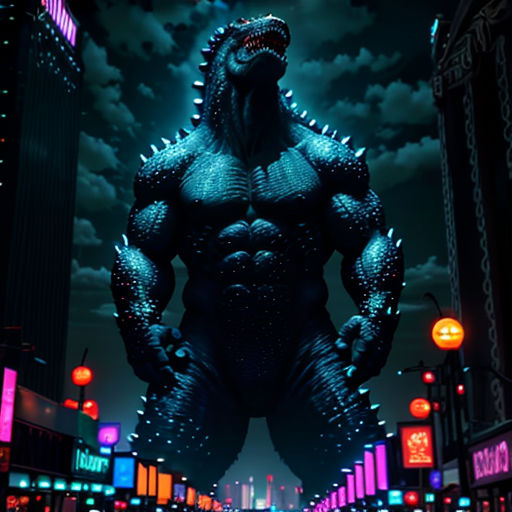 a godzilla standing in the middle of a city at night with neon lights on the buildings and the street