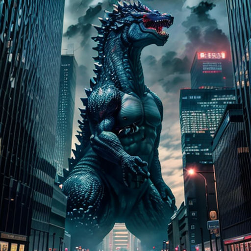a godzilla is standing in the middle of a city at night with a full moon in the background and a cityscape in the foreground