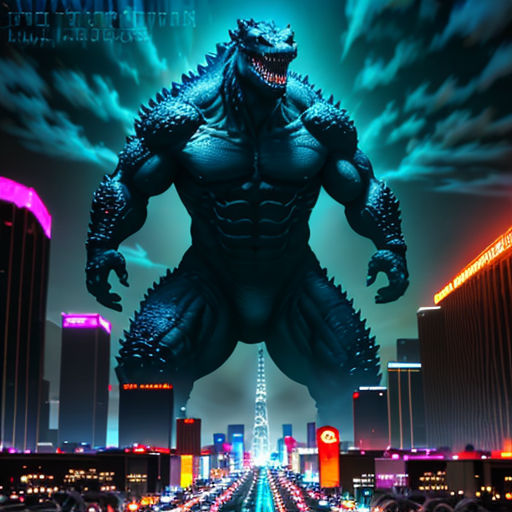 a godzilla is standing in the middle of a city at night with a neon sky background and a cityscape in the background