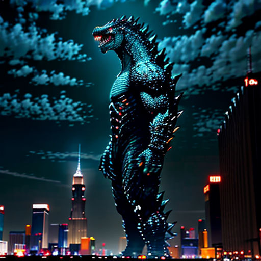 a godzilla statue is standing in front of a city skyline at night with a full moon in the sky