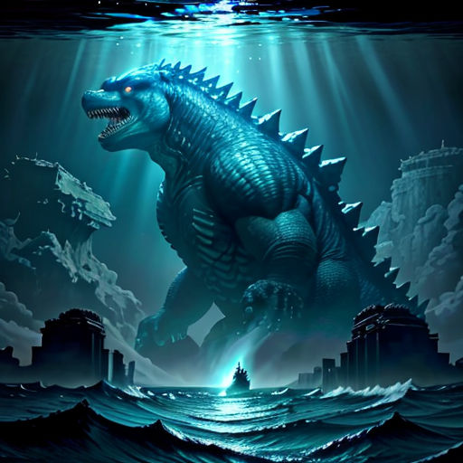 a godzilla is in the water with a city in the background and a light shining on it's head
