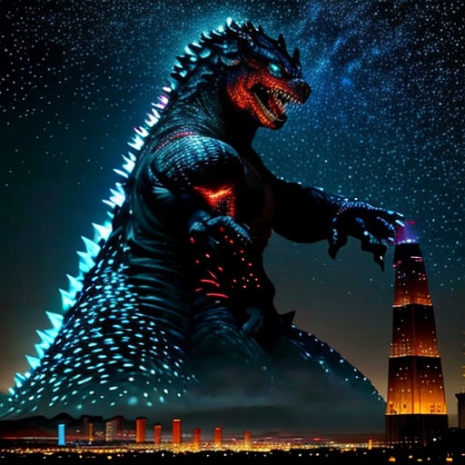 a godzilla statue with a city in the background at night with stars and a sky full of stars and a bright light