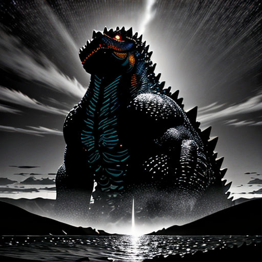 a godzilla is standing in the water with a sky background and clouds above it, and a bright light shining on the ground