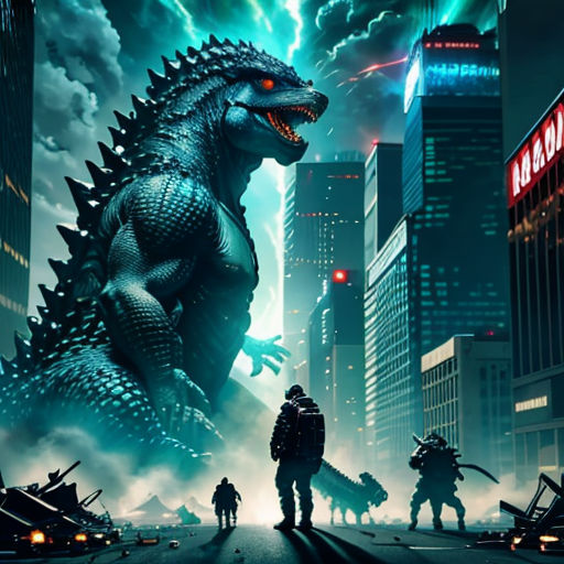 godzilla in the city with a man standing next to him and a godzilla on the street in front of him