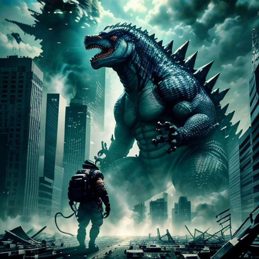 a godzilla and a man in a city with a sky background and clouds above them, with a city skyline in the background