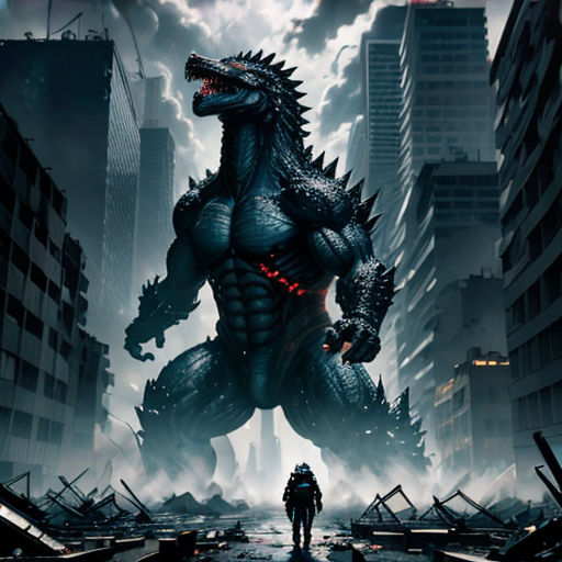 godzilla in a city with a man walking towards it and a godzilla in the background with a sky full of clouds