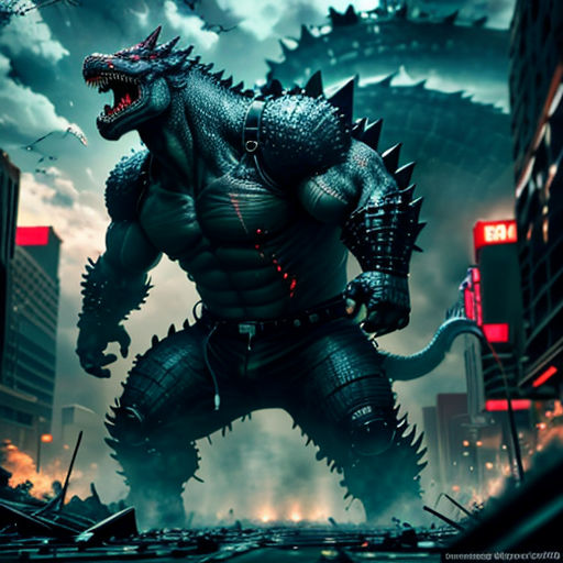 godzilla in a city with a huge godzilla on his back and a city in the background with buildings and a sky with clouds