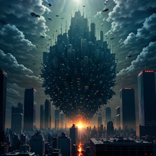 a city with a giant structure in the middle of it with a sky background and clouds above it, and a bright light at the end of the scene