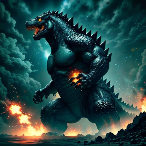 a godzilla is standing in the middle of a field with a sky background and clouds in the background, with a bright yellow light coming from the eyes