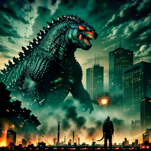 godzilla in the city with a man standing next to it and a godzilla in the foreground of the picture
